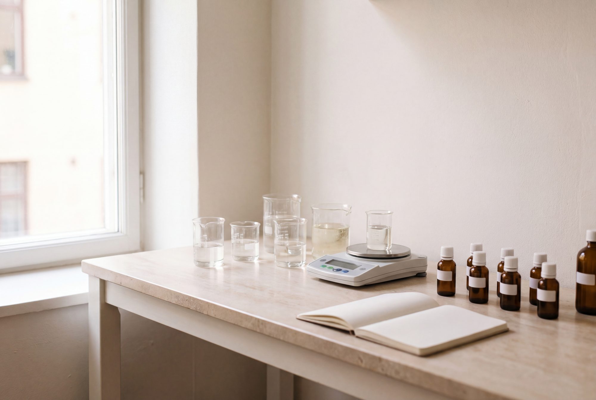 The AURE formulation lab, a stone workbench by a large window