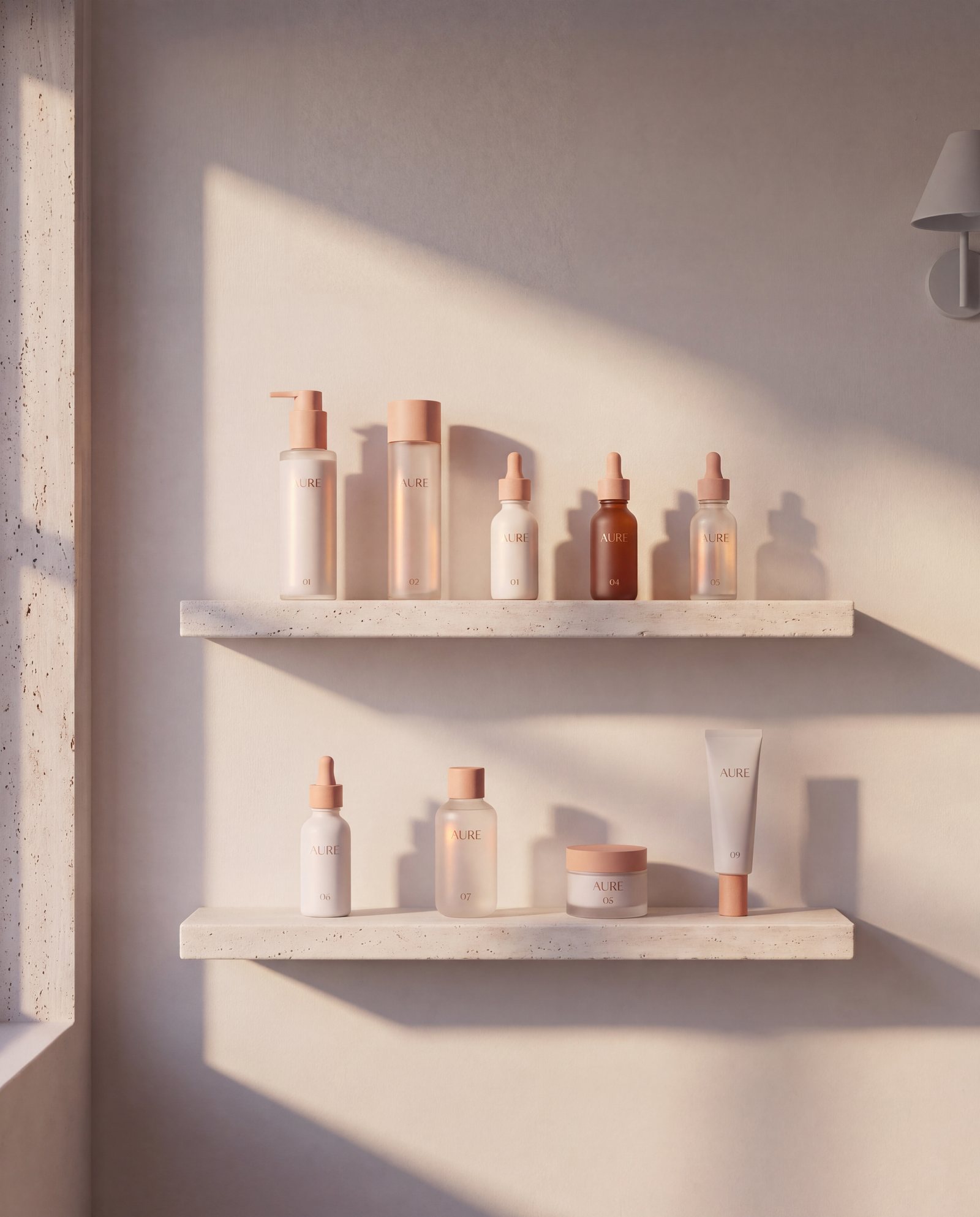 AURE products on a stone shelf in the morning light